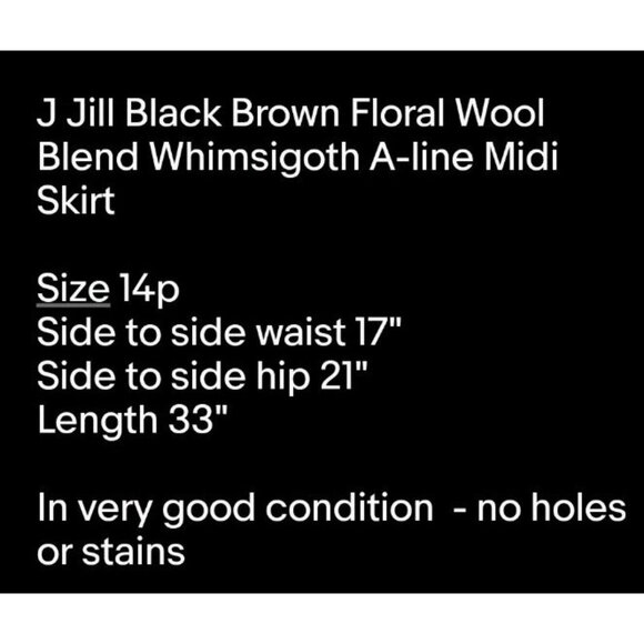 J Jill Black Brown Floral Wool Blend Whimsigoth A-line Midi Skirt Sz 14p - Picture 7 of 7